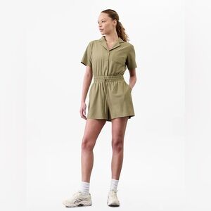 Athleta Avenue Utility Style Button Up Romper with Cinch Waist in Olive Branch